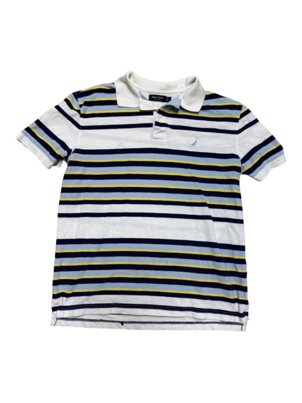 Nautica Striped Polo Shirt Men’s Large Blue White Yellow Cotton Logo